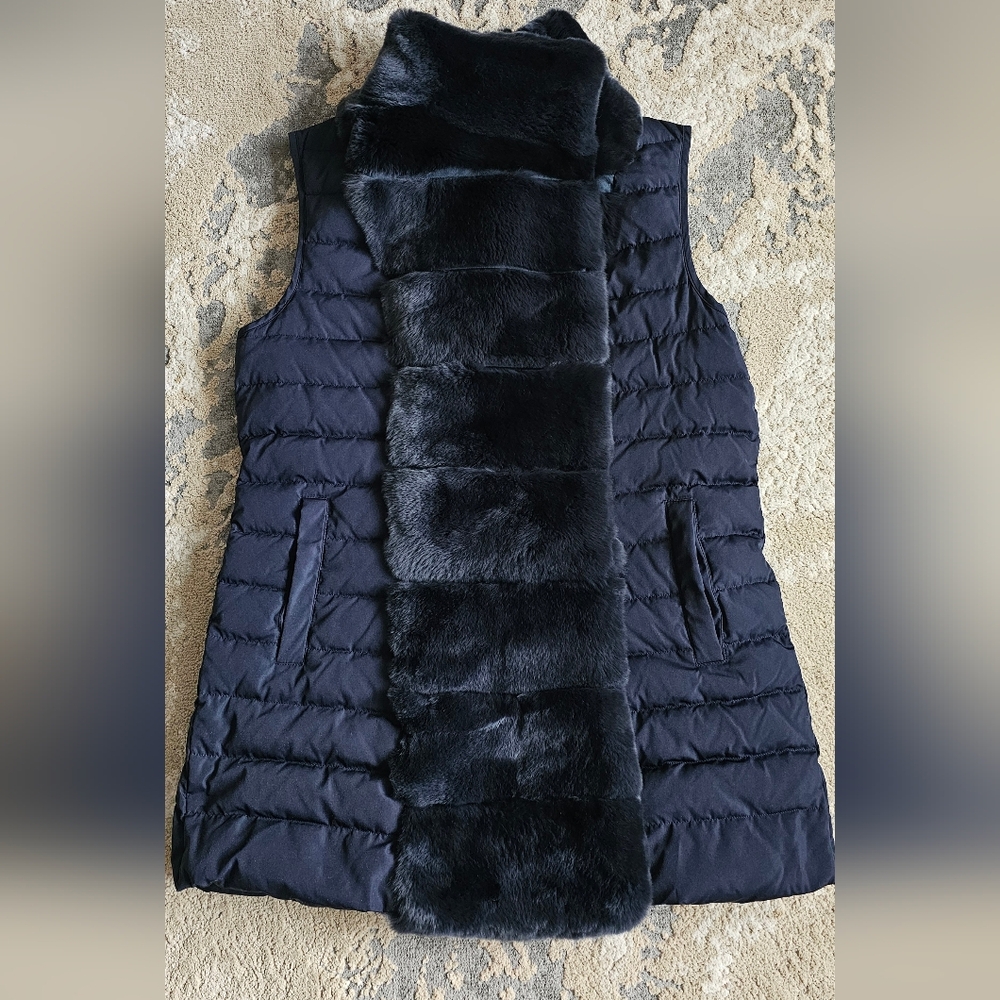 Annabelle Navy Blue Quilted Down Vest with Fur Size S